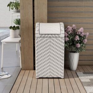 Greemotion Azur Modern Aluminum and All-Weather Wicker Outdoor Trash Can with Push Lid for Outdoor, Patio, Pool Area, Garden, Gray and White