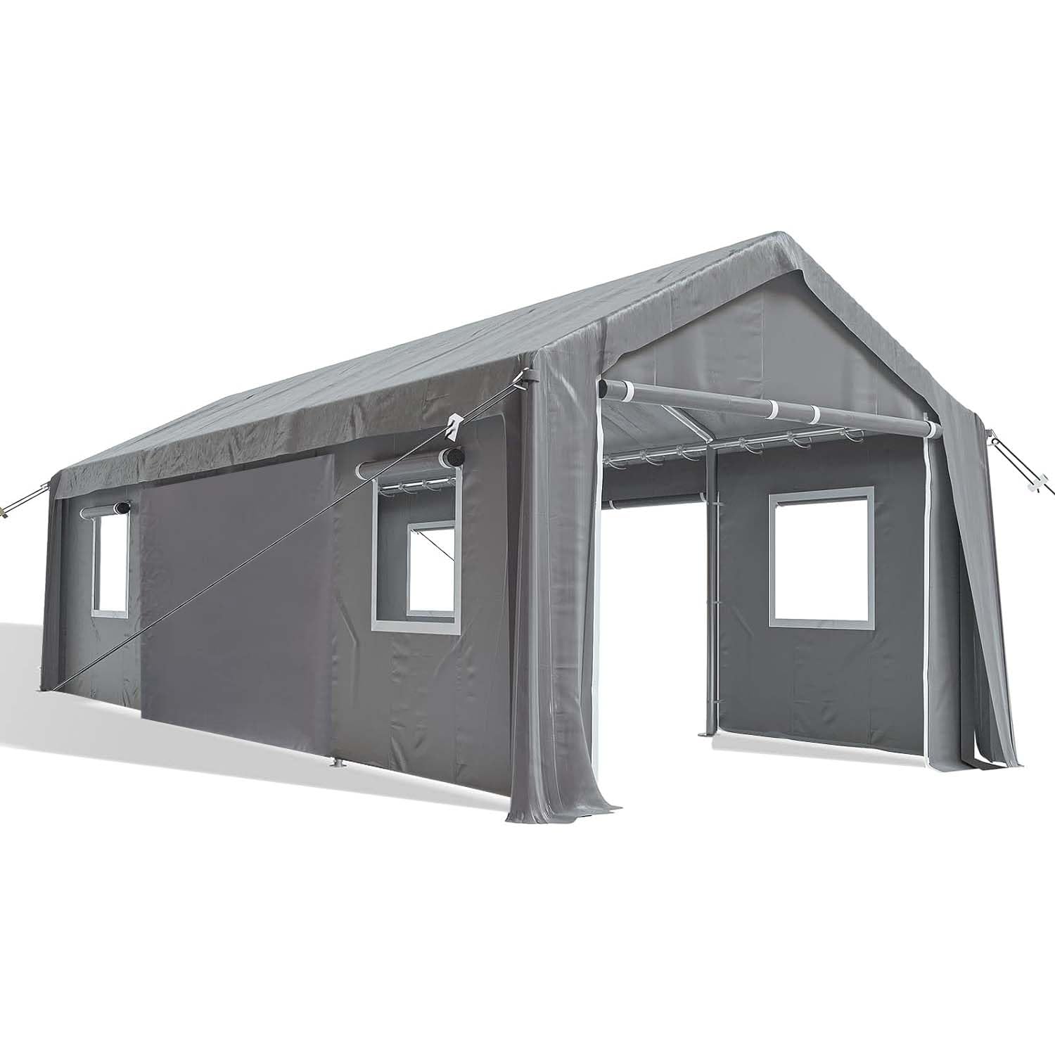 Carport 13'x20' Heavy Duty Portable Garage, 4 Roll-up Doors & 4 Windows Waterproof Carport Canopy for Car Truck Boat, All-Season Tarp,Gray