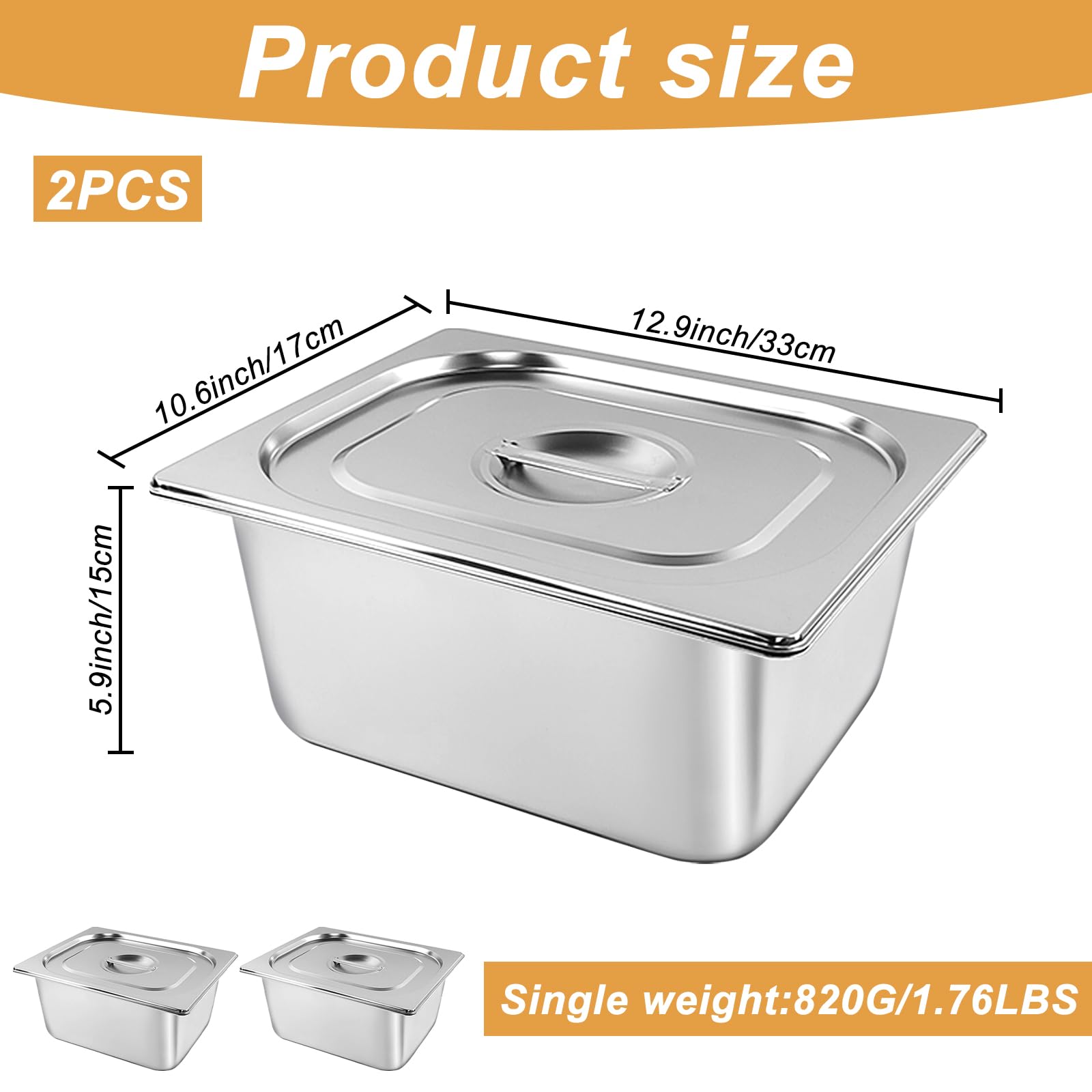 2 Pack 1/2 Size Stainless Steam Hotel Pan with Lid, Anti Clogging Stainless Steel Steam Table Pans, Steam Table Pan Restaurant Supplies Anti Rust Steam Pan Water Pan for Party, Hotel, Buffet