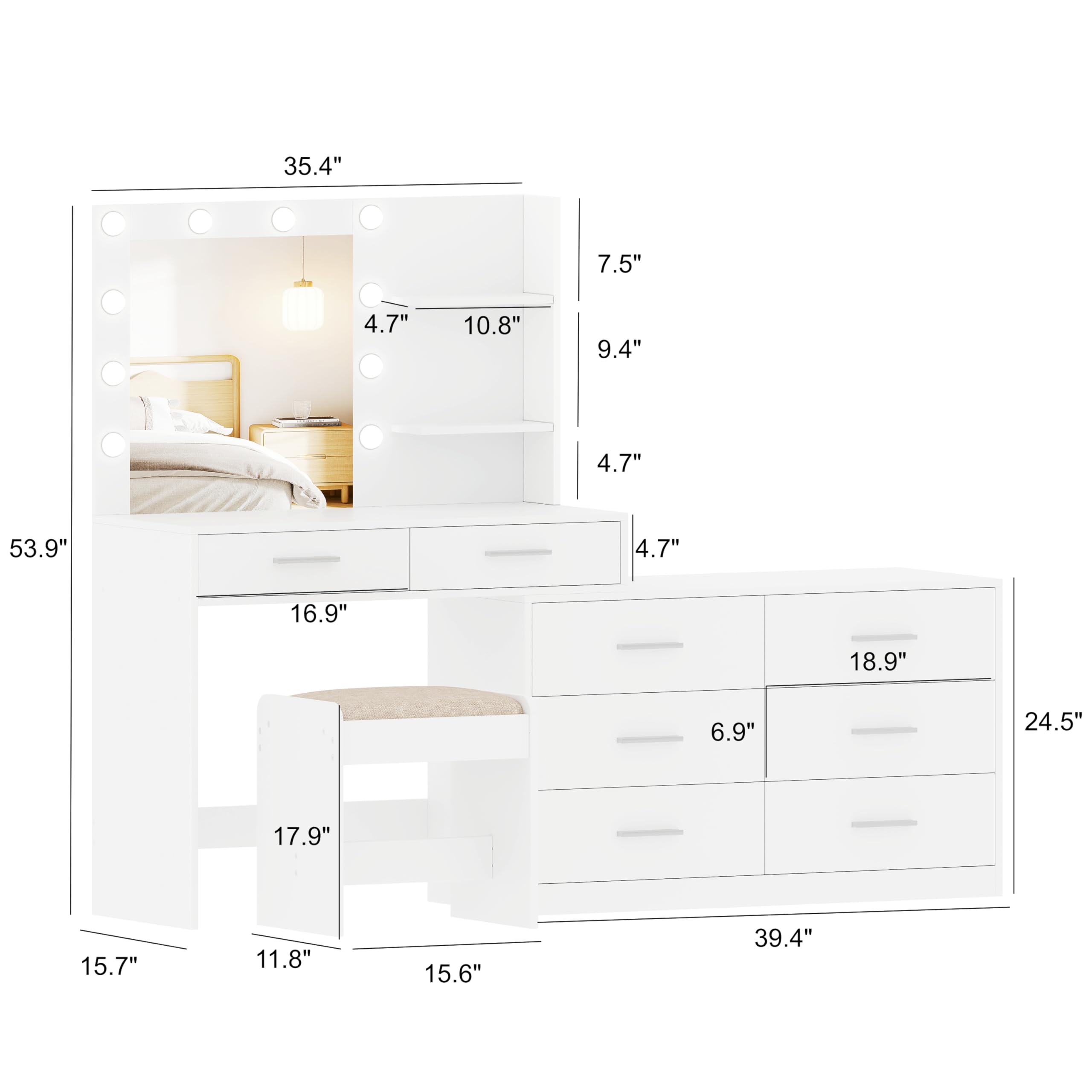 Rovaurx 65" W Makeup Vanity Set with Mirror and 3-Color Lights, Large Vanity Table with 8 Drawers & Side Storage Shelf, Adjustable Width, Bedroom Dressing Table with Stool, for Women, White RSZT109WD