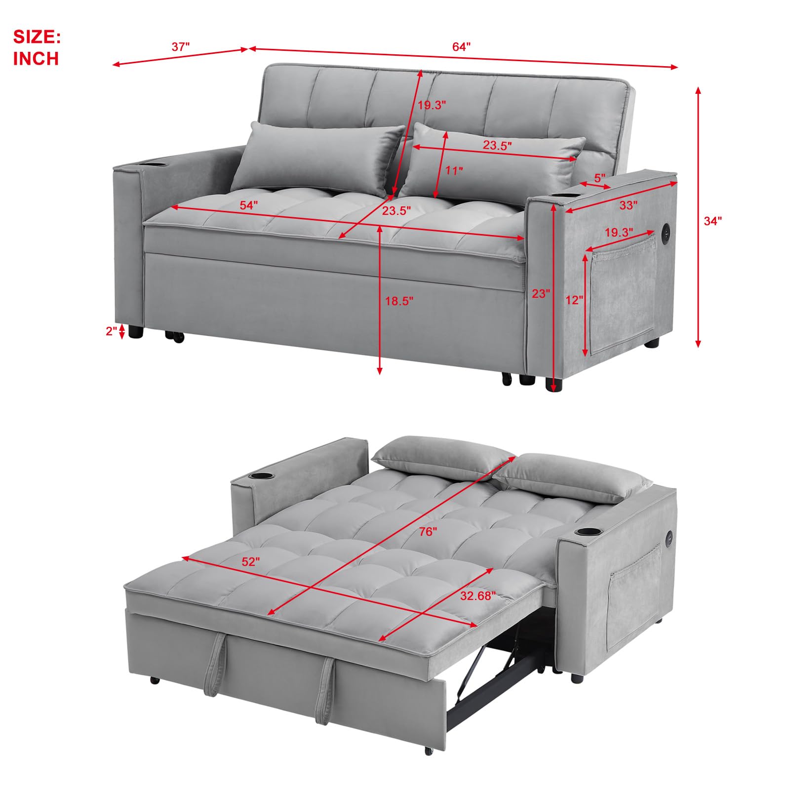 Multifunctional 2 Seater Oversized Loveseat Sofa Convertible Full Size Sleeper Sofabed with Pull Out Sleeper Couch Bed ,Storage Pockets,USB Port and Cupholders for Home,Office,Apartment Living Room