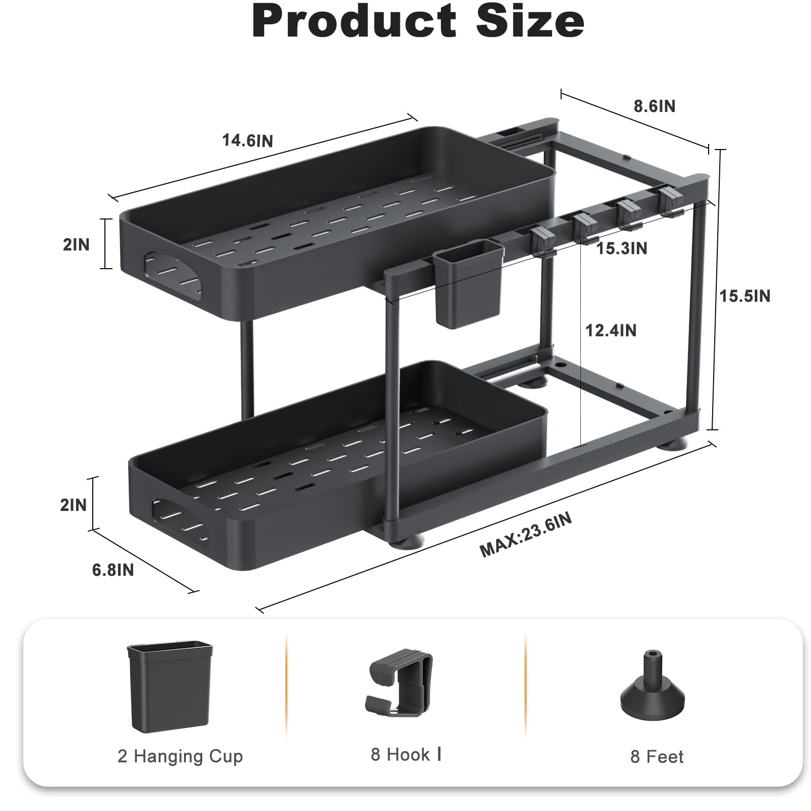 COYACOOL 2 Pack Double Sliding Under Sink Organizers and Storage, 2 Tier Bathroom Cabinet Organizer with 2 Hanging Cup & 8 Hooks, Multi-Purpose Under Sink Storage Rack for Bathroom, Black