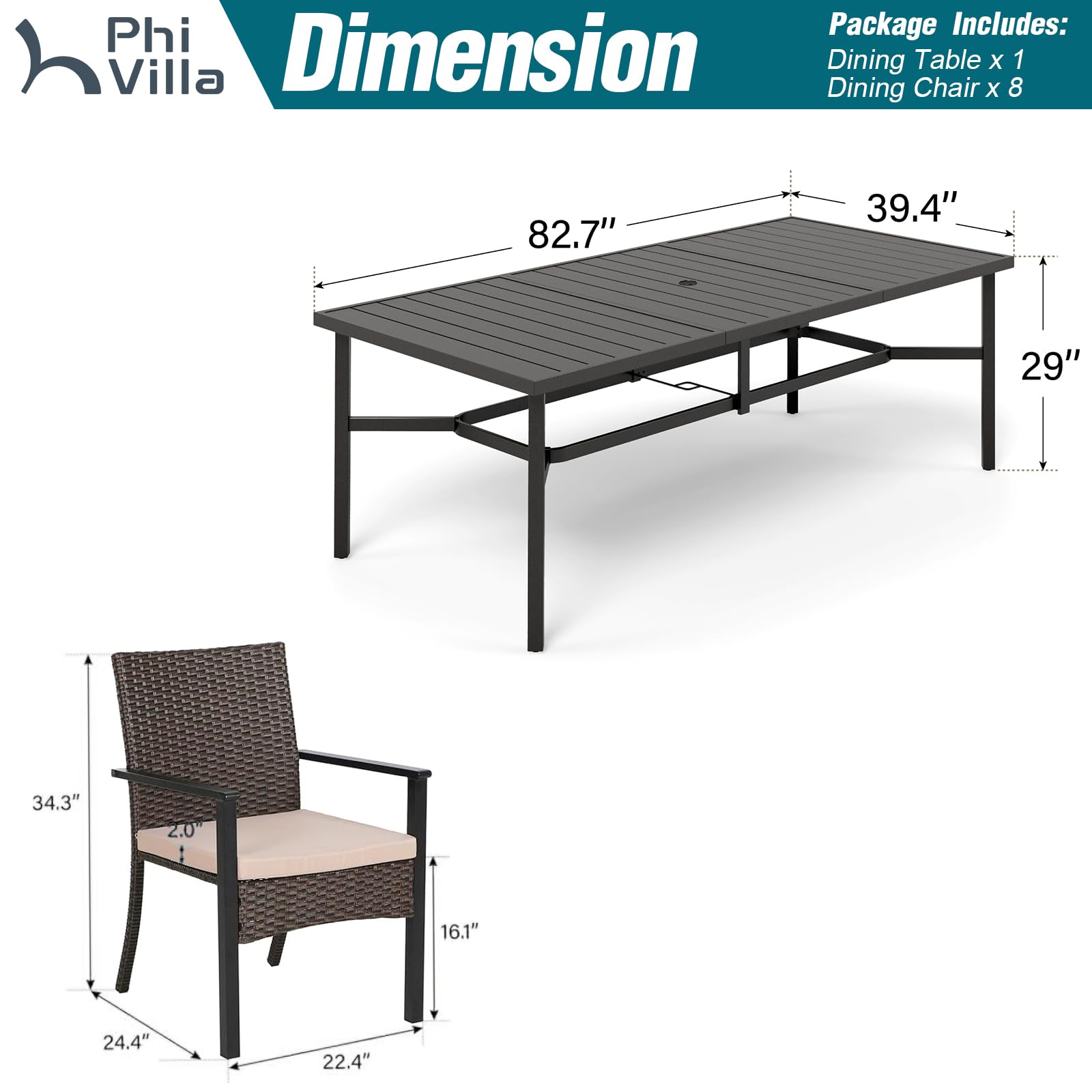 PHI VILLA 9 Pieces Outdoor Dining Set for 8, Large Rectangle Wrought Iron Table with Umbrella Hole & Cushioned Wicker Chairs, Dining Furniture for Patio, Deck, Yard, Porch