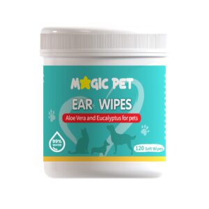 magic pet - dog ear cleaner wipes — 120 grooming wipes w/aloe vera & eucalyptus — gentle 99% water pet ear wipes for odor & wax removal — otic dogs & cats ears cleanser itch-free pet grooming supplies