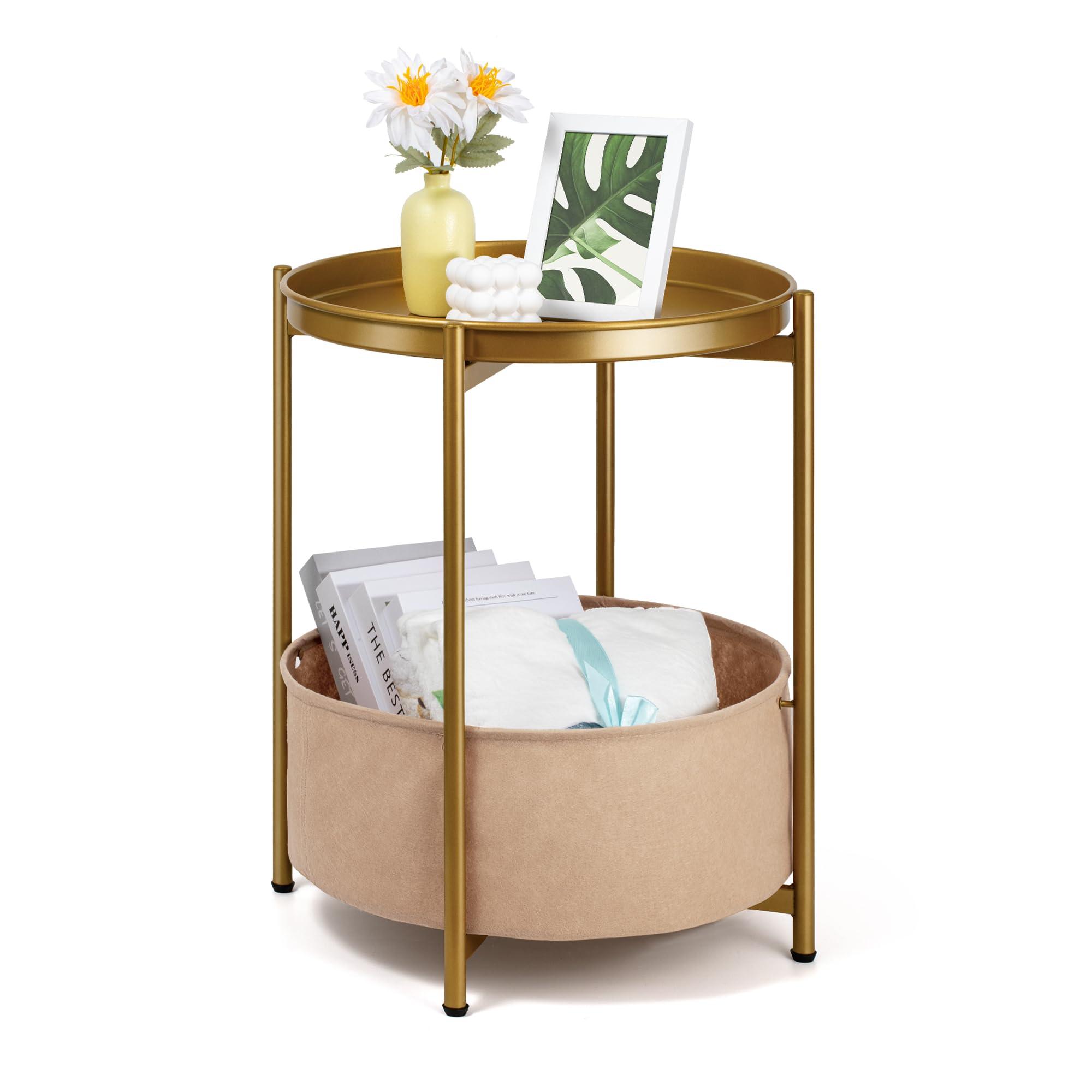 Luwesde Round Side Table, Gold End Table with Storage Basket, Metal Night Stand with Removable Tray, Small Bedside Table for Living Room, Bedroom, Nursery (Gold)