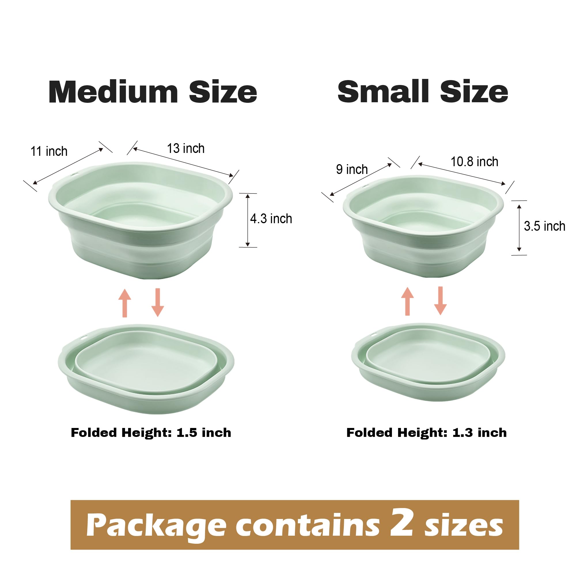 Daimix Collapsible Wash Basin Set of 2, Foldable Small Medium Size Wash Basin, Portable Plastic Basins for Laundry, Bottles, Travel, Camping (Green)