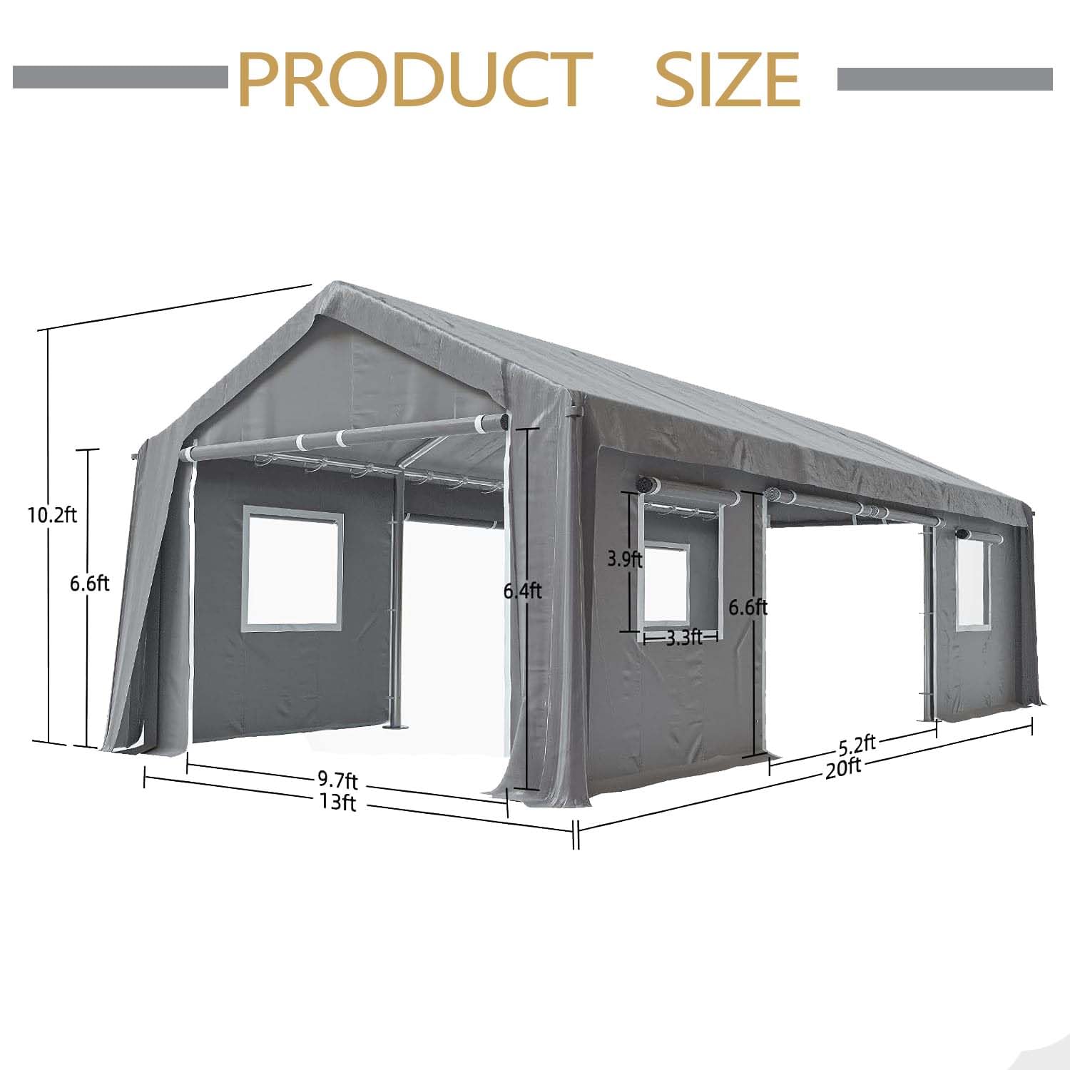 Carport 13'x20' Heavy Duty Portable Garage, 4 Roll-up Doors & 4 Windows Waterproof Carport Canopy for Car Truck Boat, All-Season Tarp,Gray