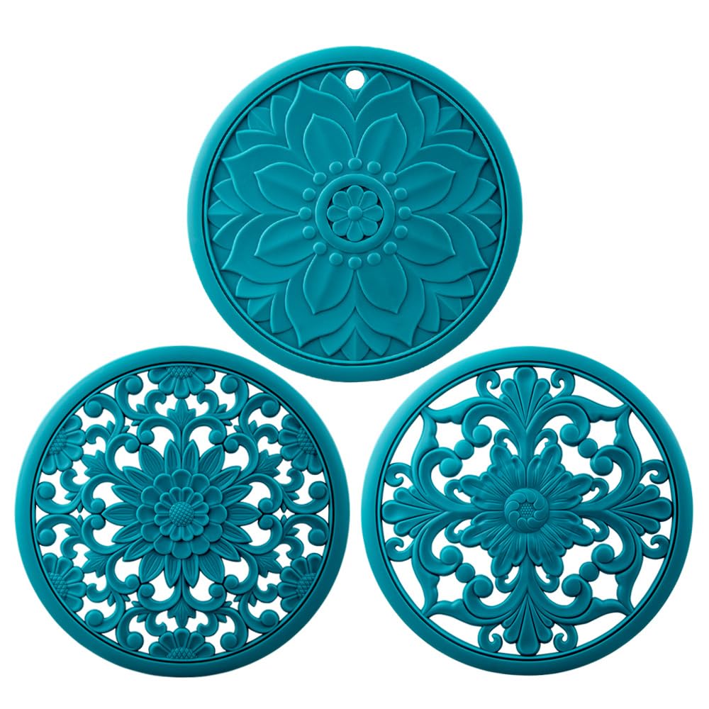 Zoyizi Teal Silicone Trivets for Hot Dishes, Pots & Pans, Round Hot Pads for Kitchen, Silicone Trivet mat for Table Tops, Silicone Pot Holder for Countertops, Heat Resistant Mat, Silicone Mats Set 3