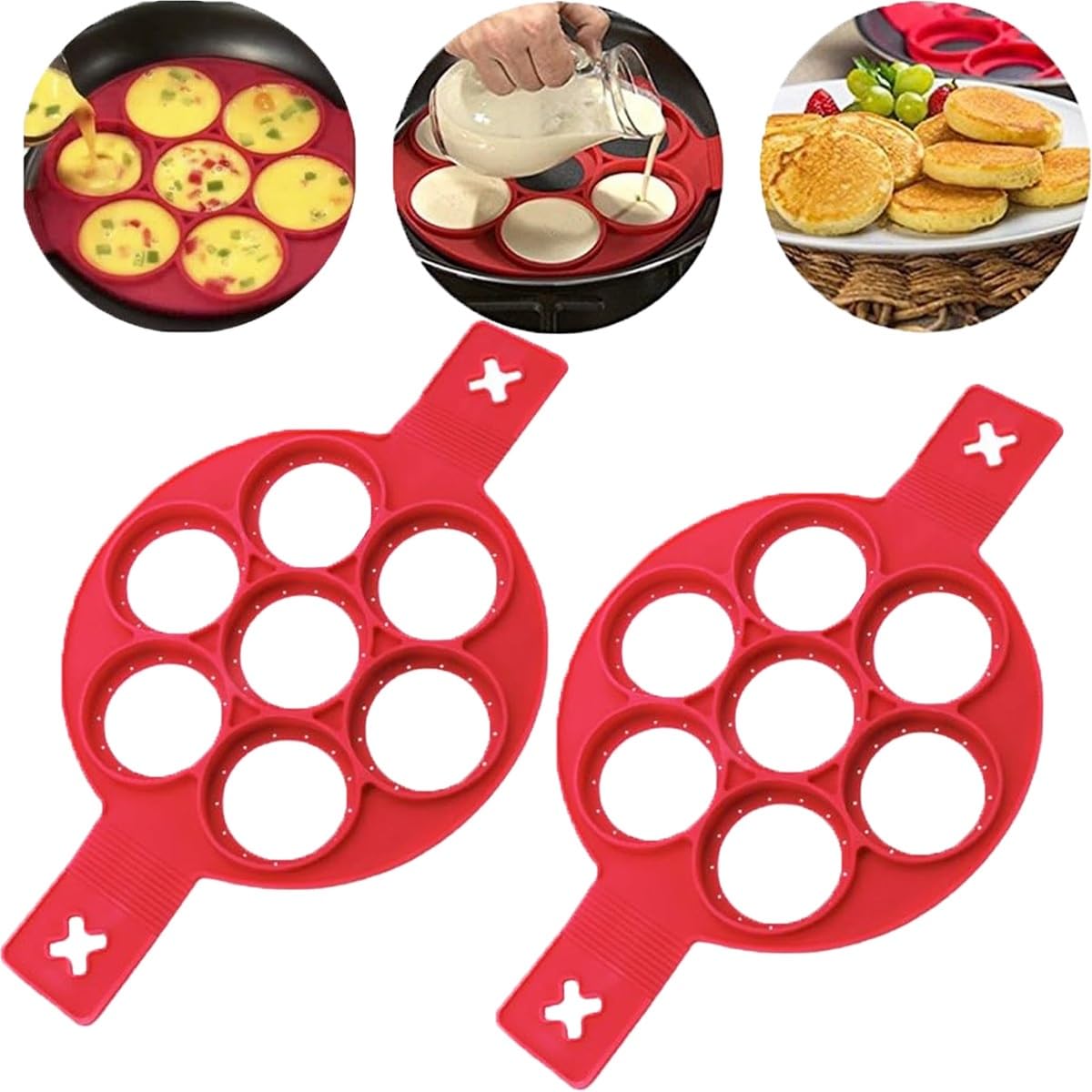 Flip n Cook Silicone Pancake Mold, Flip'N'Cook Pancake, Flip and Cook Pancake Maker, Flip Cooker Pancakes Mold, Flip'N'Cook Pancake Silicone Mold, Flip'N'Cook Mold Reusable ( Color : 2PCRed )