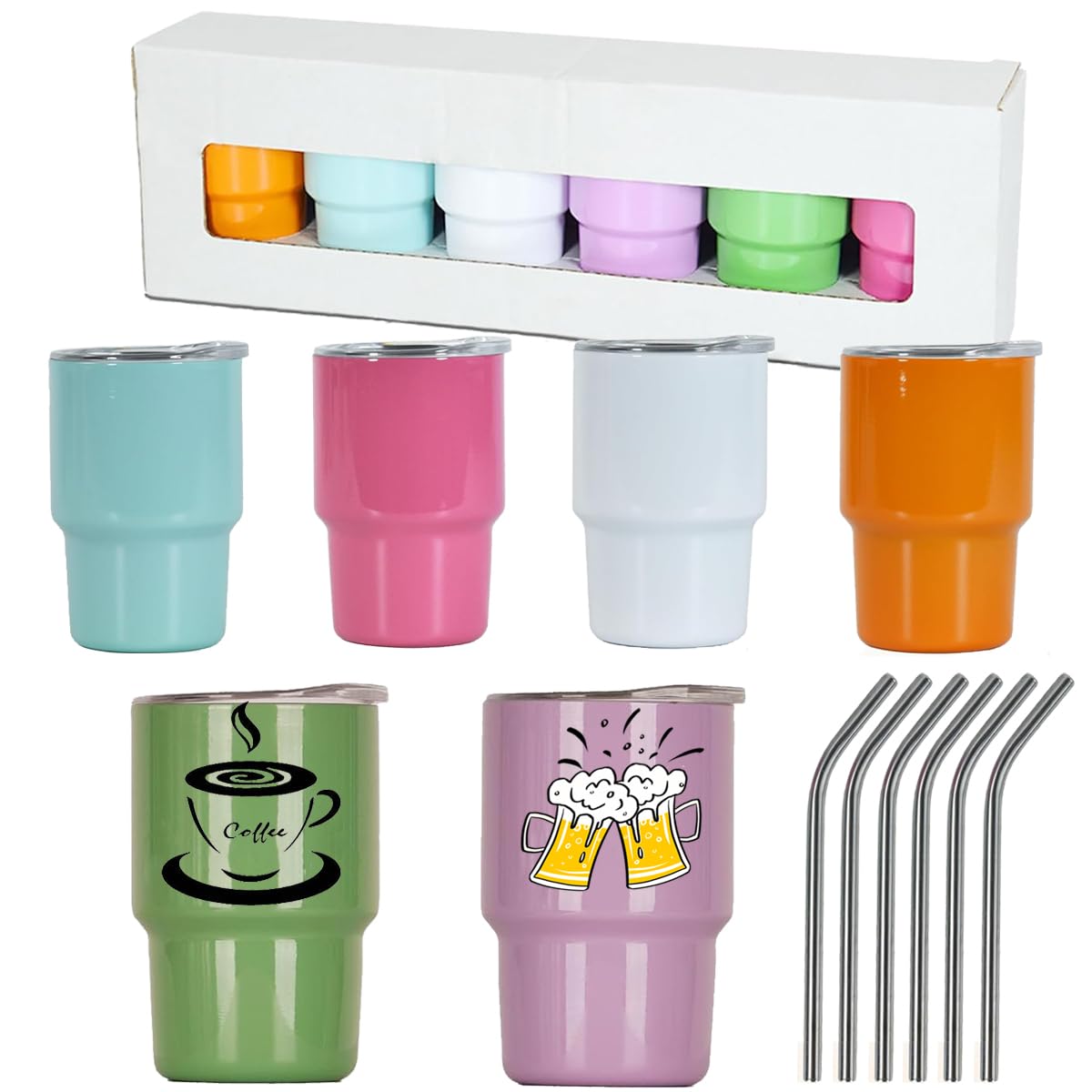 ABBSH Mini Cup 3OZ Shot Glass Tumblers with Lids and Straws Set of 6 (6 Assorted Color 6PACK)