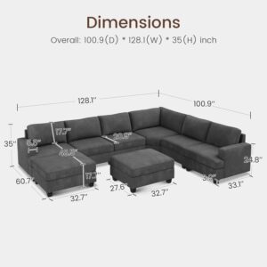 Nolany Sectional Couch with Storage Ottoman, Corduroy Modular Corner Sectional Sofa, U Shape Sectional Couches for Living Room, Dark Grey