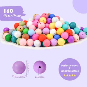 Gionlion 160PCS Silicone Beads, 15mm Silicone Beads Bracelet Making Kit, Soft Rubber Round Beads for Keychain Wristlets, Loose Beads Crafts for Necklace Jewelry DIY