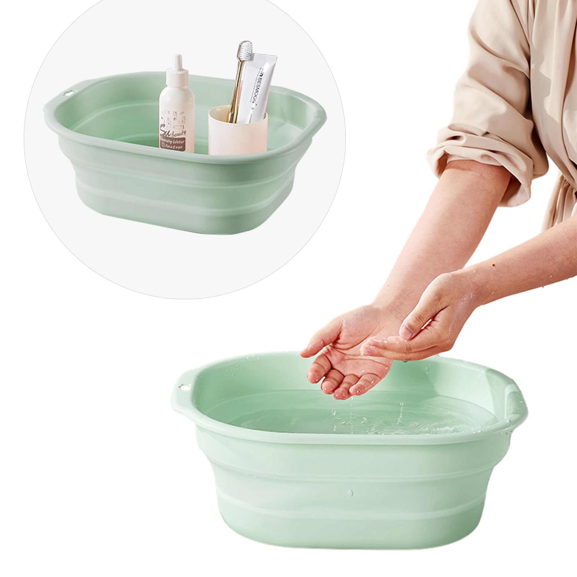 Daimix Collapsible Wash Basin Set of 2, Foldable Small Medium Size Wash Basin, Portable Plastic Basins for Laundry, Bottles, Travel, Camping (Green)