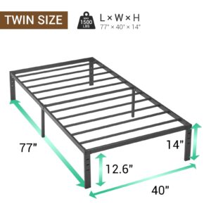 fusehome Bed Frame Twin Size,14 Inch Metal Platform Bed Frame, Storage Space Under Bed, Mattress Foundation with Heavy Duty Steel Slat Support, No Box Spring Needed Easy Assembly, Black