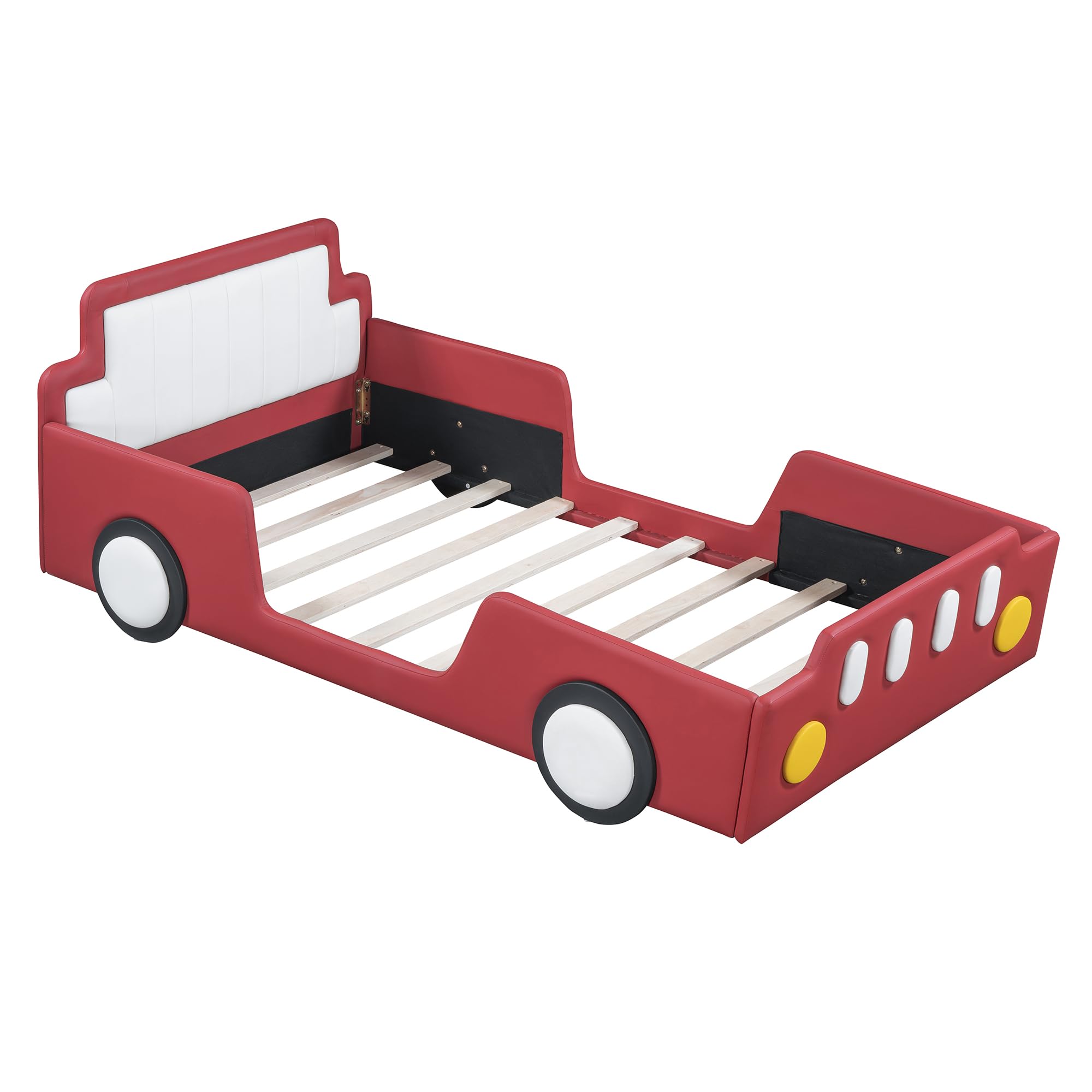 Harper & Bright Designs Twin Size Race Car-Shaped Bed Frame with Wheels for Kids, PU Leather Wooden Twin Platform Bed with Wood Slat Support, No Box Spring Needed,Red