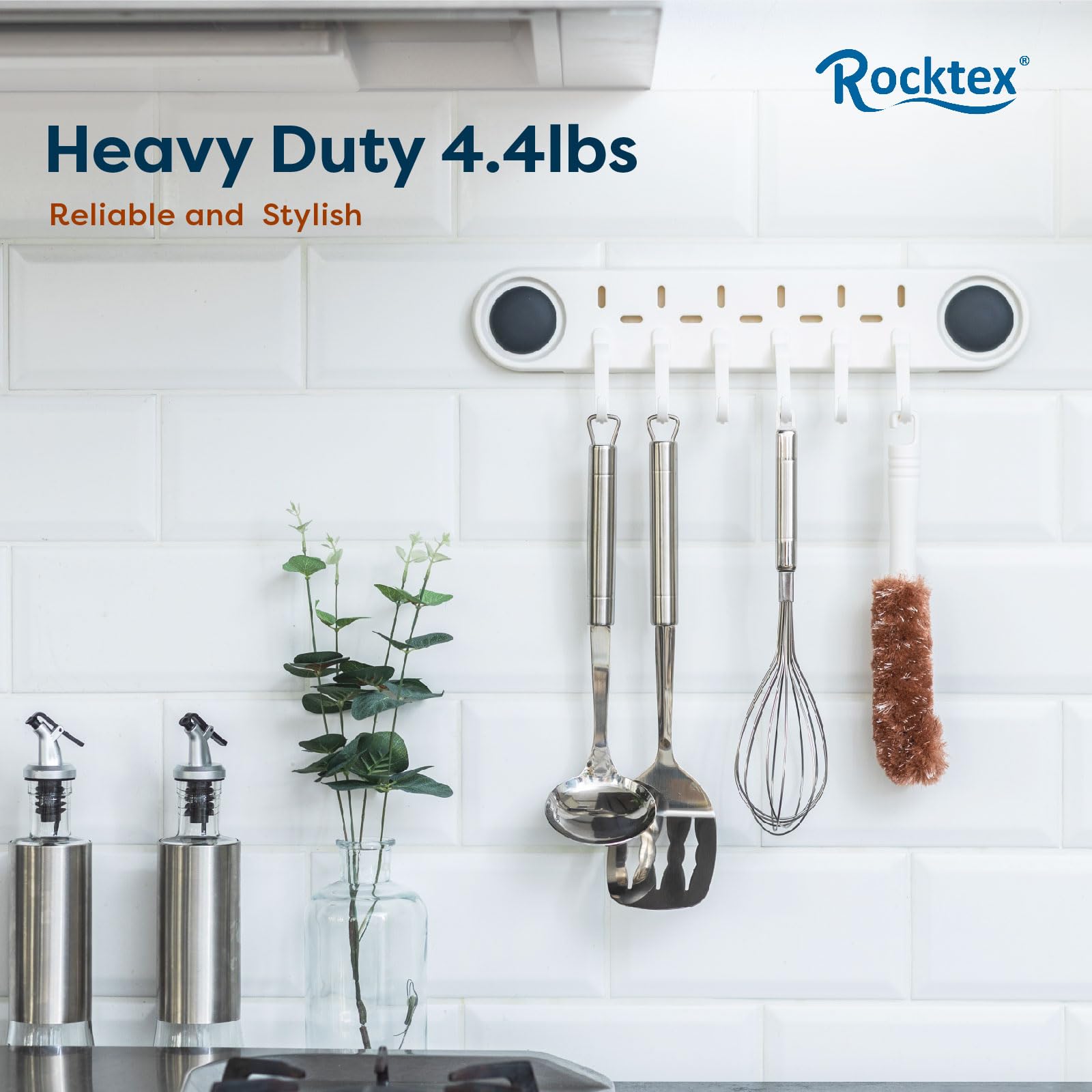 Rocktex No-Drill Hooks - White Self Adhesive Wall Hanging Hooks, Heavy Duty 4.4 lbs, Easy Installation, Versatile Vertical or Horizontal Options with 6 Adjustable Hooks for Wall, Bathroom, Kitchen