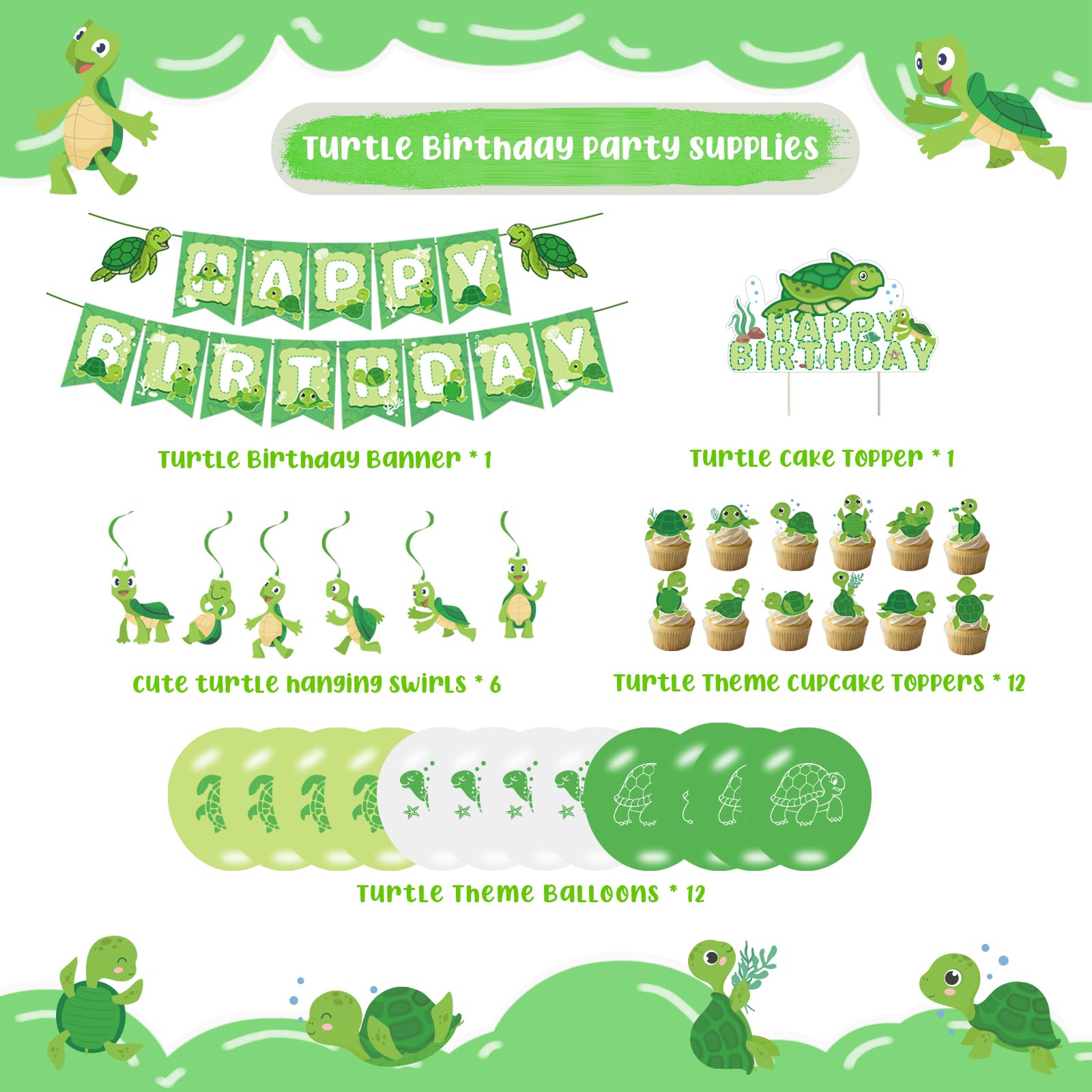 Chilfamy Turtle Party Decorations, Cute Turtle Party Supplies with Birthday Banner, Hanging Swirls, Green Turtle Baby Cake Toppers, Balloons for Kids Animal Theme Baby Shower, Birthday Party Decors