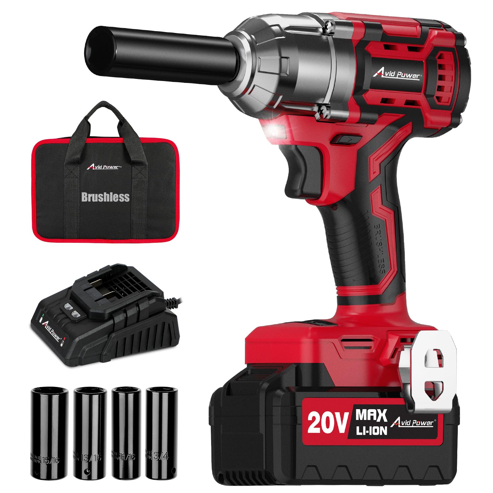 AVID POWER 1/2 Impact Wrench Brushless, 20V Cordless Impact Gun w/ 3 Variable Speeds, Max Torque 370ft-lbs (500N.m), 3.0Ah Li-ion Battery, 4Pcs Impact Sockets, Fast Charger