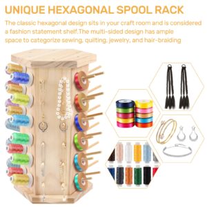 Hexagon Wooden Thread Holder Stand, 72-Spools Embroidery Thread Organizer, Smooth Wood Thread Racks for Spools of Thread and Bobbins - Quilting and Sewing Thread Storage(360° Rotating)