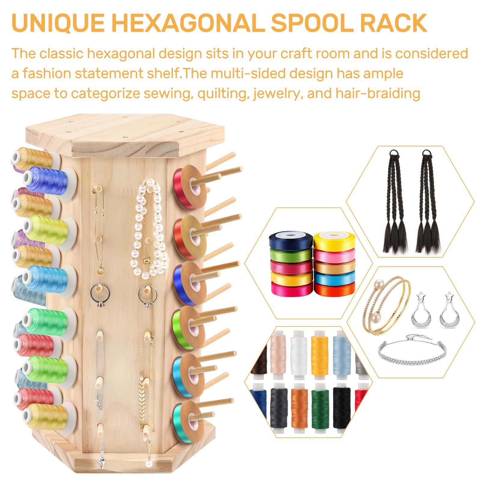 Hexagon Wooden Thread Holder Stand, 72-Spools Embroidery Thread Organizer, Smooth Wood Thread Racks for Spools of Thread and Bobbins - Quilting and Sewing Thread Storage(360° Rotating)