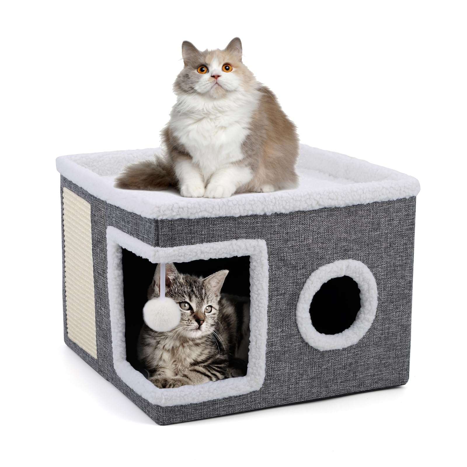 Cat Beds for Indoor Cats, Large Cat Cave with Cozy Condo, Fluffy Hanging Ball, Round Window, Foldable Indoor Cat House Hold Up to 30LBS, Cat Hideaway with Double-Sided Soft Cushions for All Seasons