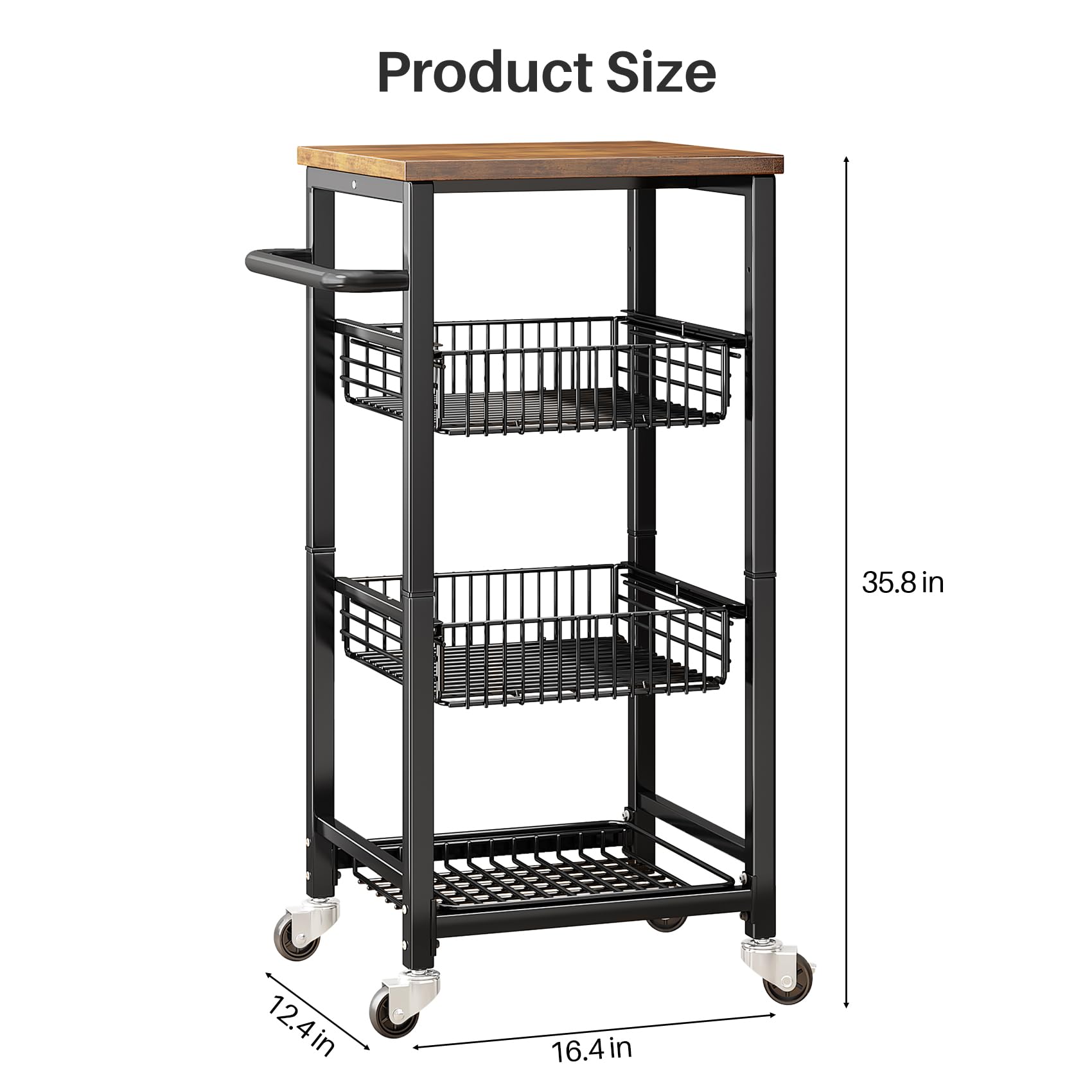 Fruit Basket for Kitchen Pantry Organizers - 4 Tier with Wheels, Wooden Top Table, Stackable Metal Wire Basket Stand for Fruit Vegetable Snacks Storage Organization, Black