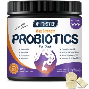 probiotics for dogs, freeze-dried dog probiotics and digestive enzymes, plus omega-3 for itchy skin, 3-in-1 prebiotics for digestive health, dog vitamins and supplements for immune health, 120 bites