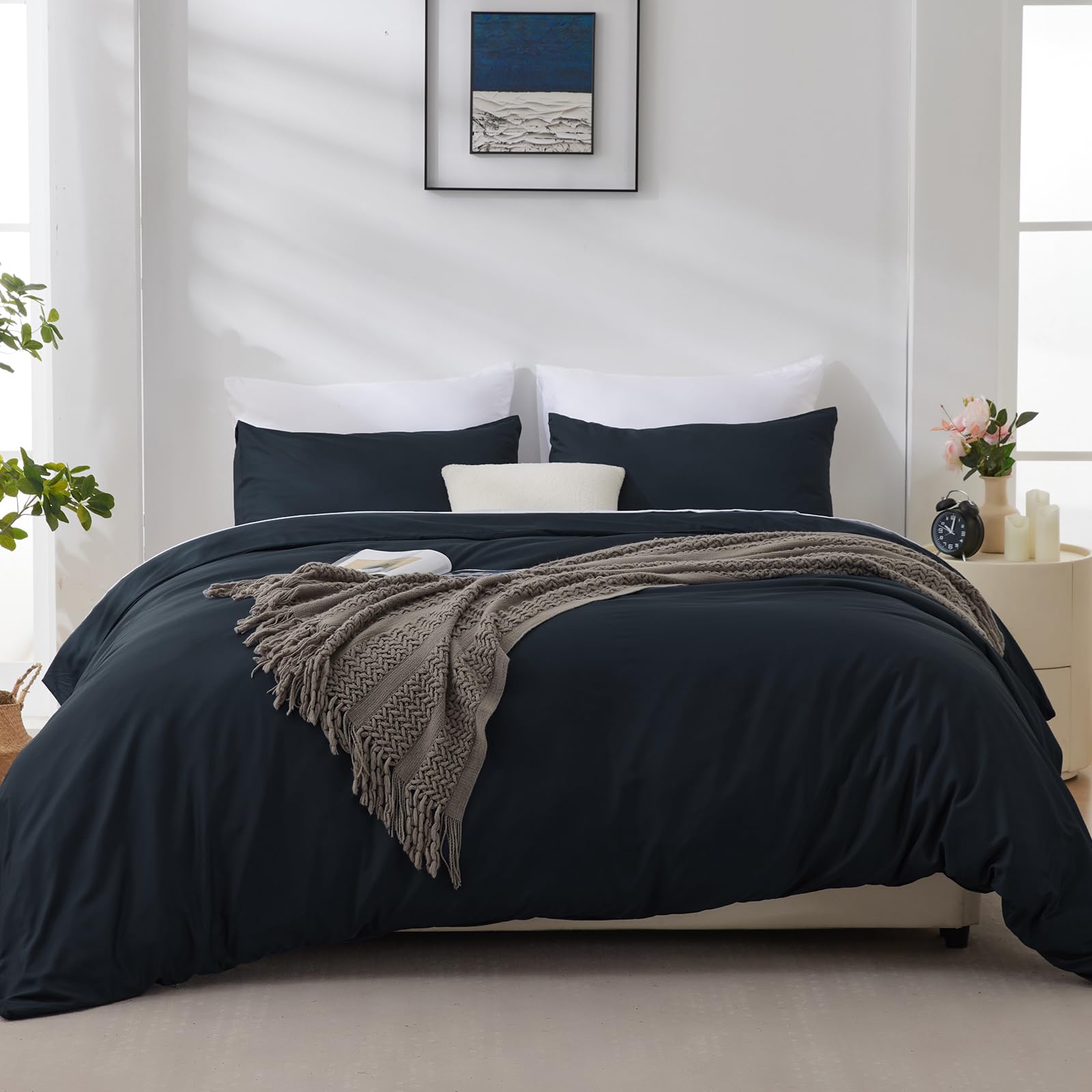 LINENLINE Duvet Cover Queen Size, Rayon Derived from Bamboo, Cooling & Soft Queen Duvet Cover Set, 1 Zipper Closure Duvet Cover 90"x90" & 2 Pillow Shams, Comforter Not Included, Black