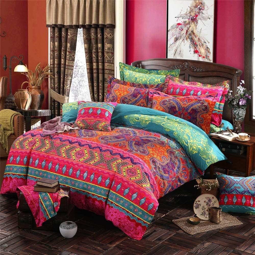 CottonLife Boho Queen Duvet Cover Soft Cotton 3 Pieces Boho Bedding Sets Queen Boho Exotic Colorful Chic Style Teal Orange Bohemian Retro Print Duvet Cover Queen, with Zipper Closure (NO Comforter)