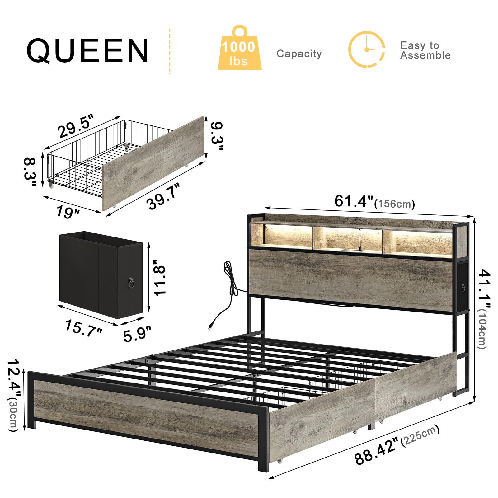 HAUSOURCE Queen Bed Frame with Bookcase Headboard and 2 Drawers LED Lights Metal Platform Non-Slip Without Noise Strong Metal Slats Support No Box Spring Needed (Greige, Queen)