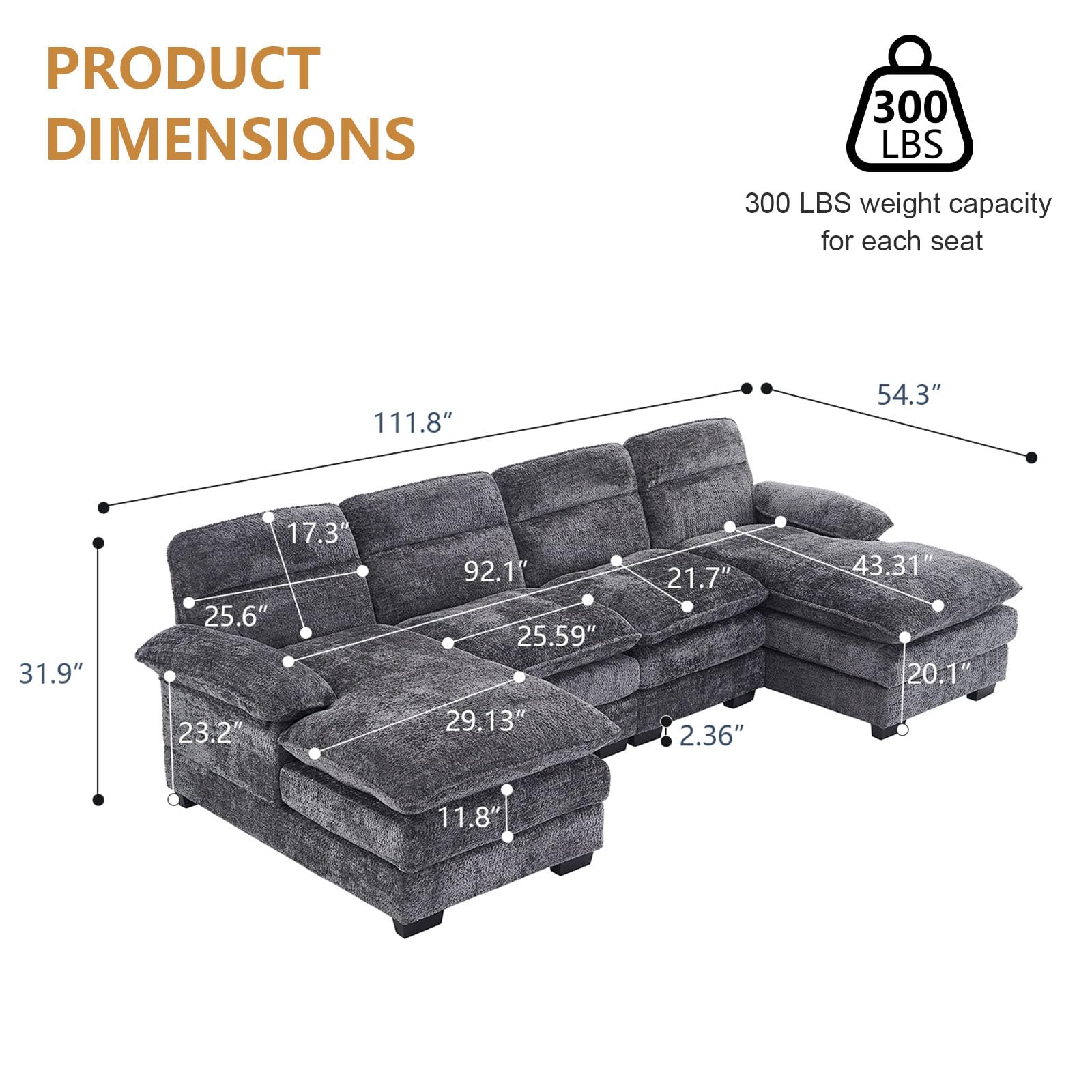 Chenille U Shaped Modular Sectional Sofa,6 Seat Couch 7 Deap Seats Corne, Oversized Convertible Upholstery,Symmetrical Sofa Cloud Couches with Double Chaise for Living Room Apartment (Grey)