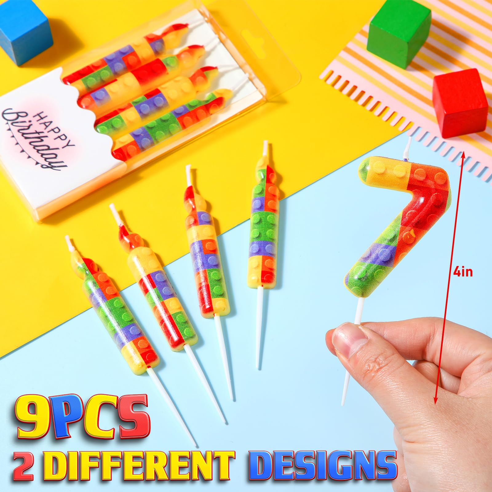 MTLEE 9 Pcs Building Block Candles Number 1-9 Building Block Birthday Candle Numeral Birthday Cake Topper Cupcake Candles for Building Block Birthday Decoration Party Supplies (Number 7)