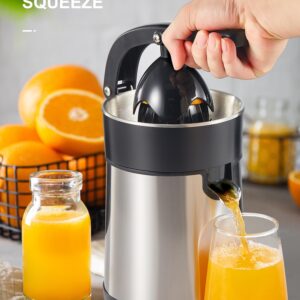 Electric Citrus Juicer Squeezer, Orange Juicer with Two Interchangeable Cones, Suitable for orange, lemon and Grapefruit, Brushed Stainless Steel, Easy to Clean and Use (Black+Silver)