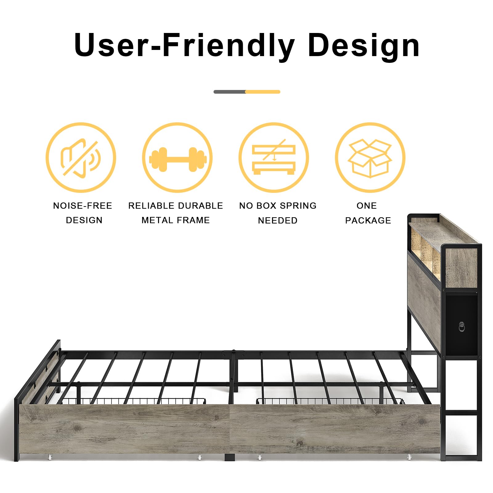 HAUSOURCE Queen Bed Frame with Bookcase Headboard and 2 Drawers LED Lights Metal Platform Non-Slip Without Noise Strong Metal Slats Support No Box Spring Needed (Greige, Queen)