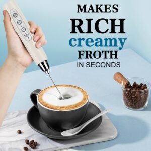 BSRGMS Milk Frother Handheld with Stand, Electric Whisk 3 Speed Adjustable, Drink Mixer with Stainless 3 Whisk, Rechargeable Hand Frother Wand, Foam Maker for Latte Cappuccino Hot Chocolate Egg Beige