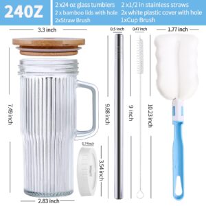 Birity 24oz Ribbed Glass Cup with Lids and Straws,2Pack Glass Tumbler with Handle,Reusable iced Coffee Cups,Wide Mouth Mason jar Cup for Smoothie,Iced Coffee,Fruit Juice,Soda Water,Tea,Travel Mug