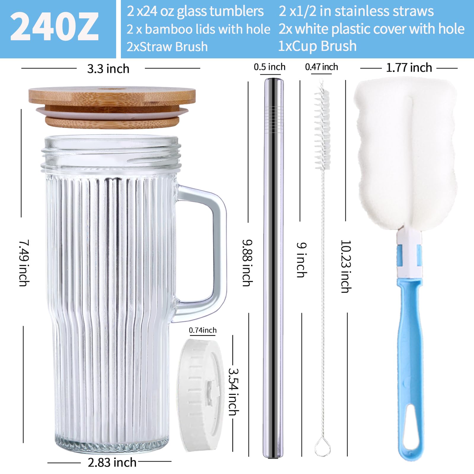 Birity 24oz Ribbed Glass Cup with Lids and Straws,2Pack Glass Tumbler with Handle,Reusable iced Coffee Cups,Wide Mouth Mason jar Cup for Smoothie,Iced Coffee,Fruit Juice,Soda Water,Tea,Travel Mug