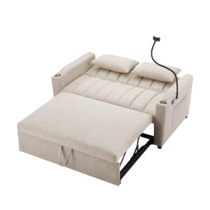 LUMISOL 3-in-1 Convertible Sleeper Sofa Bed, 55.9" Loveseat Pull Out Bed with USB Ports, Cup Holders, Swivel Stand & Storage Pockets, Modern Tufted Sofa Bed with Pillows, Beige