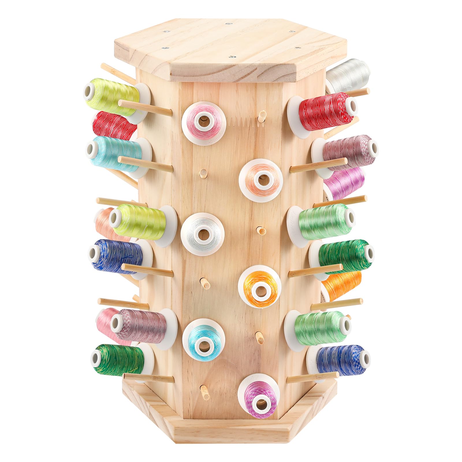 Hexagon Wooden Thread Holder Stand, 72-Spools Embroidery Thread Organizer, Smooth Wood Thread Racks for Spools of Thread and Bobbins - Quilting and Sewing Thread Storage(360° Rotating)