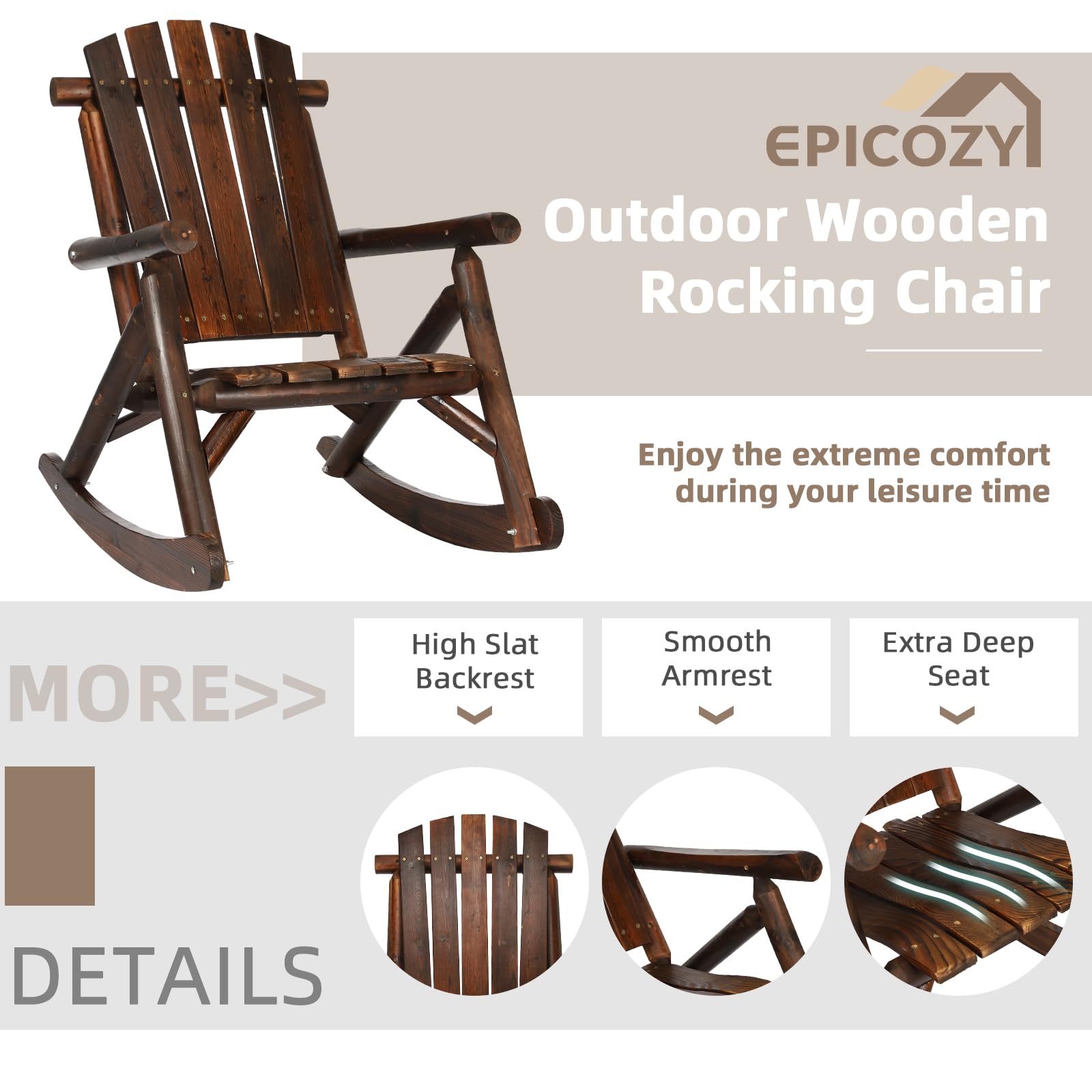 EPICOZY Outdoor Wooden Rocking Chair, Patio Rustic Adirondack Porch Rocker, All Weather Solid Wood Log Rocker Chair with High Back & Slatted Seat for Indoor, Backyard, Garden, Carbonized