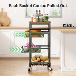 Fruit Basket for Kitchen Pantry Organizers - 4 Tier with Wheels, Wooden Top Table, Stackable Metal Wire Basket Stand for Fruit Vegetable Snacks Storage Organization, Black