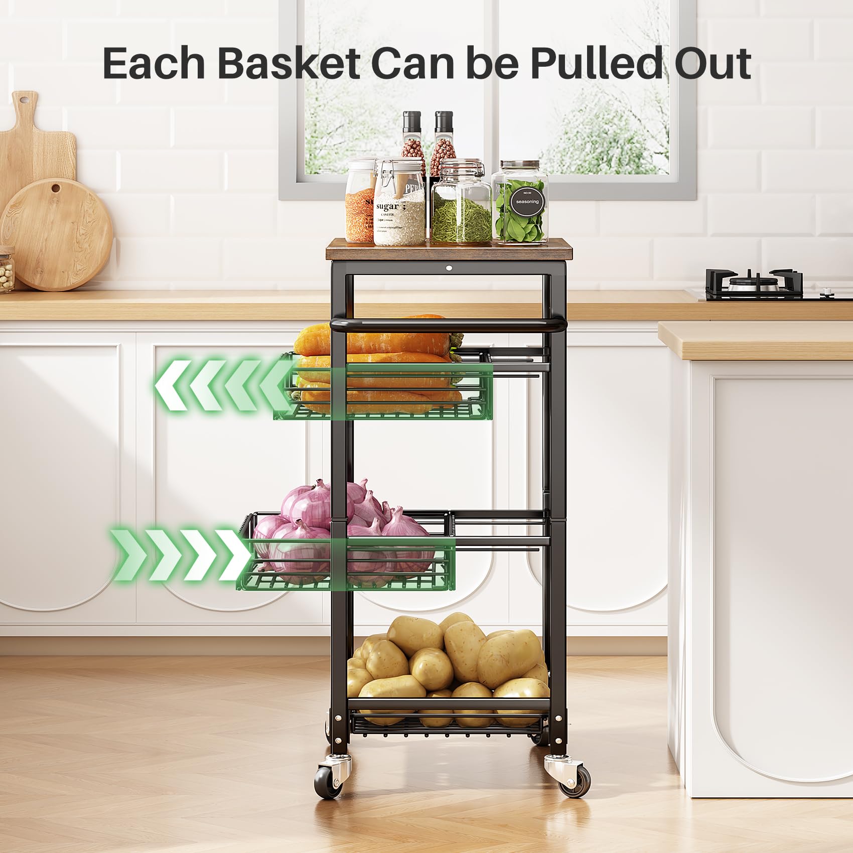 Fruit Basket for Kitchen Pantry Organizers - 4 Tier with Wheels, Wooden Top Table, Stackable Metal Wire Basket Stand for Fruit Vegetable Snacks Storage Organization, Black