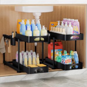 coyacool 2 pack double sliding under sink organizers and storage, 2 tier bathroom cabinet organizer with 2 hanging cup & 8 hooks, multi-purpose under sink storage rack for bathroom, black