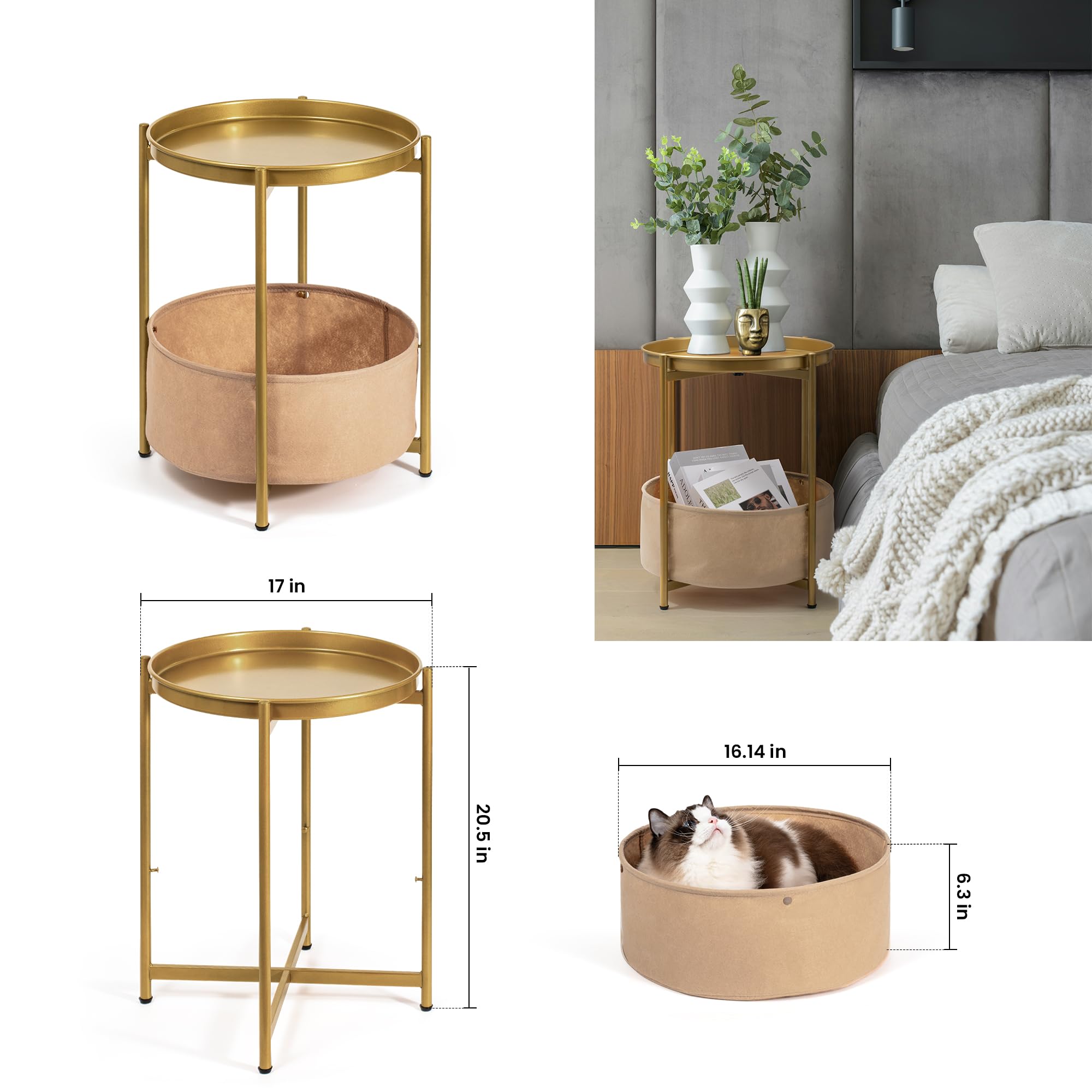 Luwesde Round Side Table, Gold End Table with Storage Basket, Metal Night Stand with Removable Tray, Small Bedside Table for Living Room, Bedroom, Nursery (Gold)