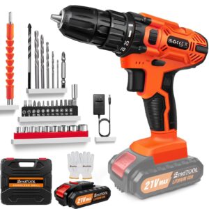 21v cordless drill, electric power drill set with battery & charger, 3/8” keyless chuck, 2 variable speeds, 398 in-lb torque and 25+1 position and 29pcs drill/driver bits & led electric drill set