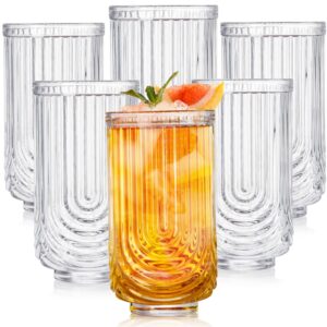 tlence 6 pack highball cocktail drinking glass, 14 oz clear vintage glassware, embossed ripple hiball glass tumbler cup, water drinkware barware for bar beverages mojito whiskey coffee juice