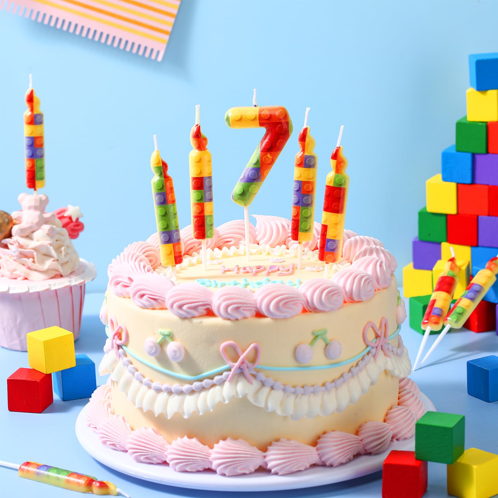 MTLEE 9 Pcs Building Block Candles Number 1-9 Building Block Birthday Candle Numeral Birthday Cake Topper Cupcake Candles for Building Block Birthday Decoration Party Supplies (Number 7)