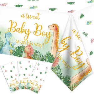 dinosaur baby shower decorations tablecloth for boy - dino baby shower party supplies disposable waterproof plastic table cover, dinosaur theme baby boy table cloth decorations 3 pack (43in x 70in)