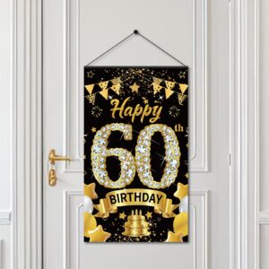 60th birthday decorations door banner sign for men women, happy 60 birthday door hanging party supplies, black gold sixty year old bday wall hanger decor