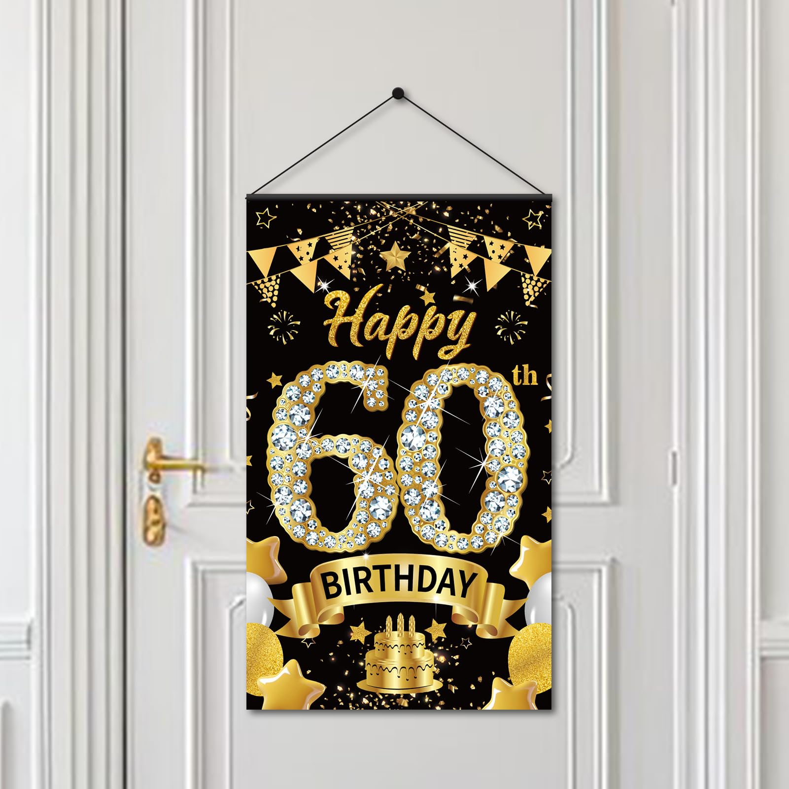 60th Birthday Decorations Door Banner Sign for Men Women, Happy 60 Birthday Door Hanging Party Supplies, Black Gold Sixty Year Old Bday Wall Hanger Decor